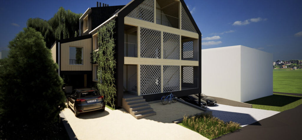 Blick von der Quartierstrasse zum Haupteingang